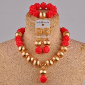 Earrings & Necklace Red Fashion African Handmade Beaded Nigeria Wedding Jewelry Set Imitation Pearl Female Earring Bracelet XX-29242v