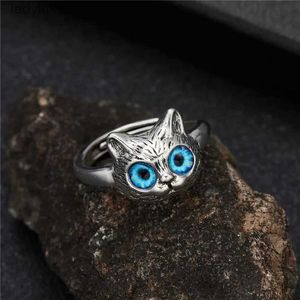 Solitaire Ring Vintage Gothic Blue Eye Cat Face Opening Metal Ring For Women Men Retro Fashion Silver Color Female Party Wedding Jewelry Gifts 240226