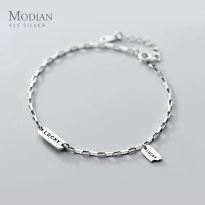 Bangles Modian New Pure 925 Sterling Silver Gravado Letra Lucky Geometric Oval Pulseira para Mulheres Pulseira Ajustável Fine Jewelry