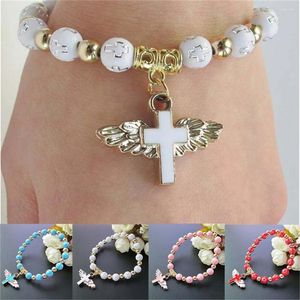 Strang Mode Stretch-Armband Engel Kreuz Anhänger Rosenkranz Perlen Religiöser Schmuck Reise Souvenir Geschenk Für Mädchen Frauen