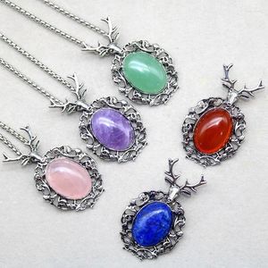 Pendant Necklaces 1pcs Natural Stone Sika Deer Animal Necklace Crystal Pink Quartz Lapis Charm Stainless Steel Chain Jewelry