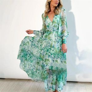 Casual Dresses Vintage Bohemian Floral Print Lantern långärmad elegant klänning Kvinnor Chiffon Ladies Gorgeous V-ringning Sexig