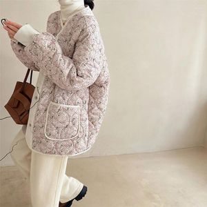 Women's Trench Coats Winter Floral Print Women Cotton Coat Simple V-Neck Single Breasted Loose Outerwear Girl Lightweight Casual Jacket