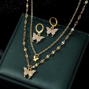 Halskette Ohrringe Set DAXI Goldfarbener Schmetterlingsanhänger für Frauen Mode Mädchen Schmuck Memorial Day Geschenk