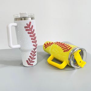 Super Sparkly 40oz Rhinestone Studded Baseball Print Mug White Yellow Travel Coffee rostfritt stål Vakuumisolerad tumlare med handtag och halm