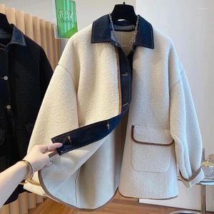 Pele feminina tamanho grande casaco de lã de cordeiro feminino outono inverno coreano solto denim retalhos jaqueta de lã de cordeiro engrossar quente outwear 4xl