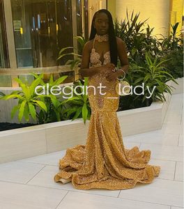 Long Gold Sparkly Prom Dresses 2024 for Women Luxury Crystal Diamond Velvet Black Girl Mermaid Evening Party Gala Gowns