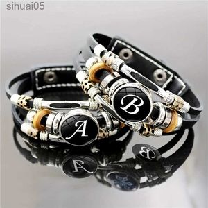 Beaded 26 English Letters Bracelets PU Leather Bangles Retro Punk Style Handmade Multi-layer Beaded Hand Jewelry couple gifts YQ240226