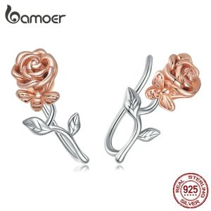 Charm Bamoer S925 Sterling Schlichter Silber-Ohrstecker mit Rosen-Blumen-Motiv, glänzender Zirkon-Ohrstecker für Frauen, für Mädchen, Party, edler Schmuck, Geschenk