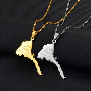 Mappa dell'Eritrea con nome della città Collane con ciondolo Donne Ragazze Gioielli in oro giallo 14k Mappa africana dell'Eritrea