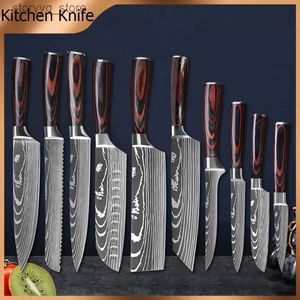 Kitchen Knives Kitchen Knives 7CR17 440C Stainless Steel Knife Laser Damascus Pattern Japanese Santoku Cleaver Slicing Utility Chef Knife Set Q240226
