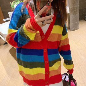 Vårens söta kvinnors stickade jacka Rainbow Cardigan Loose Overisize Female Coat tröja Kvinnor Färgglada randiga Cardigan 240219