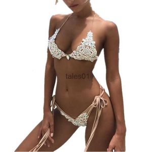 Mulheres Swimwear Swimwear Mulheres Senhoras Handmade Lace Diamante Biquinis Bandage Push-Up Acolchoado Feminino Brasileiro 240226