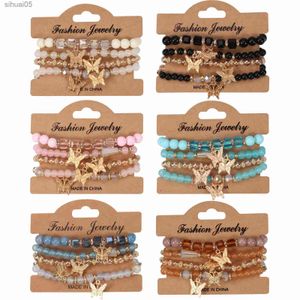 Beaded 4Pcs Fashion Butterfly Charm Bracelet Set For Women Crystal Beads Chain Bangle Female Trendy Jewelry Accessories YQ240226