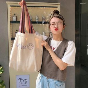 Sacos de compras Coreano Ins Tecido Bordado Sorriso Saco Grande Capacidade Estudante Ombro Fábrica Atacado Reutilizável Canvas Tote