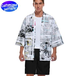 Maßgeschneiderter Herren-Kimono-Cardigan-Mantel. Kühl und bequem. Modische Cardigan-Jacke mit Sieben-Punkt-Ärmeln vorne, knopflos, locker, 95 % Polyester + 5 % Elasthan, 221 g, Farbkontrast