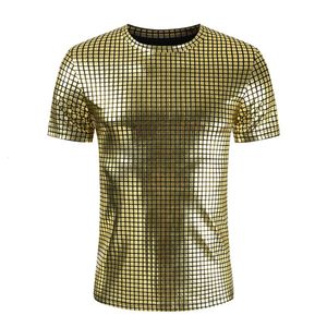 ファッションメンズ70年代ディスココスチュームスパンコールシャツ半袖TシャツoネックソリッドパーティークラブトップTシャツ男服240223