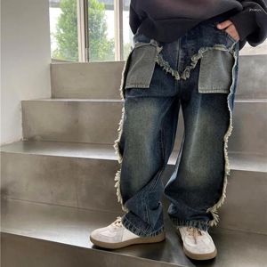 Trousers 2024 Autumn Winter Korean Style Fashion Childrens Jeans Raw Edge Stitching Design American Retro For Boys Girls