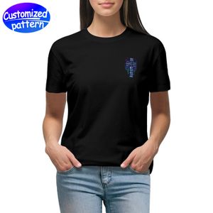 Camiseta feminina personalizada HD boutique de manga curta com estampa dupla no peito, costas reforçadas, pescoço redondo, absorvente de suor, punhos dobrados duplos respiráveis, 100% algodão 145g preto