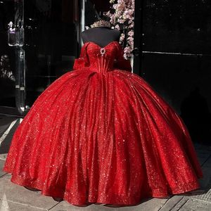 Röd glitter kristallpärlkulklänning quinceanera klänningar från axel båge korsett söta 16 vestidos de xv anos