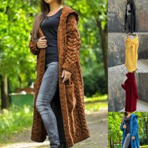 Abbigliamento 2020 Autunno Inverno Donna Cardigan in maglia intrecciata Cappotto maglione con cappuccio con tasche Capispalla femminile a maniche lunghe tinta unita