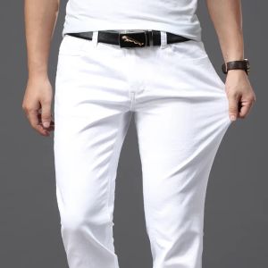 Homens jeans brancos moda casual estilo clássico fino ajuste calças macias marca masculina estiramento avançado