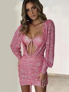 Casual Dresses Women Luxury Pink Prom Dress Short Long Sleeve Double Layer Bodycon Ruched Sequined Sparky Mini Evening Club Party