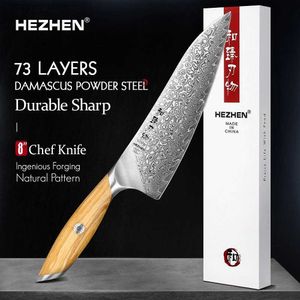 Kök Knivar Hezhen 8 tum kockkniv 73 lager Damaskus Powder Steel Kitchen Cotestlar Olive Trähandtag Presentlåda Matlagningsverktyg Q240226