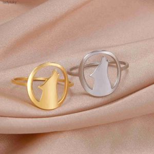 Solitaire Ring Cazador Howling Wolf Rings for Women Gold Color rostfritt stål Animal Trend Finger Ring Smycken Birthday Present 2023 240226