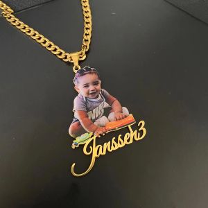 Necklaces Personalized Colorful Portrait Name Pendant Necklace Custom Name Necklace Men Women Necklace Memory Pictures Family Jewelry Gift