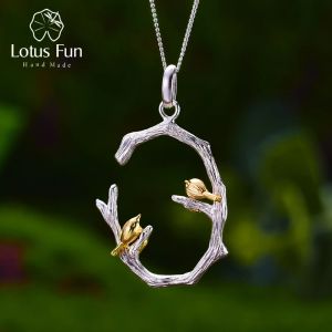 Necklaces Lotus Fun Real 925 Sterling Silver Natural Original Fine Jewelry 18K Gold Bird on Branch Pendant without Necklace for Women Gift