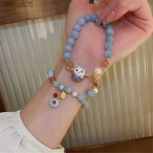 Perlen 2023 Neues Armband für Frauen Perle Achat Glückskatze Jade Anhänger Chinesischen Stil Niedlich Einfach Wild Elastisches Seil Kristall Perlen Schmuck YQ240226