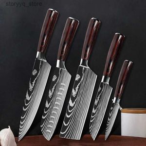 Kök Knivar Kock Knife Set Sharp 7CR17 Rostfritt stål Laser Damaskus Mönster Kök Knivar Santoku Meat Cleaver Fruit Slicing Cooking Tool Q240226