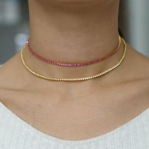 Fashion Noble Collar Necklace Red Ruby CZ Tennis Chain Necklace Jewelry Micro Pave Gold Color Fancy Women Collares Femme 40CM262G