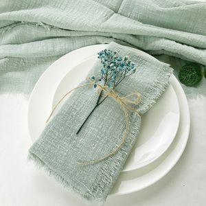 50pcs Wholesale 32x32cm Sage Green Gauze Cotton Napkin Reusable Wedding Party Christmas Table Decor Retro Burrs Cloth Napkins 240222