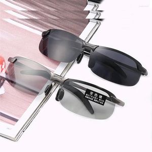 Óculos de sol 2024 homens polarizados dia noite óculos de condução metal sem aro pochromic descoloração anti-reflexo gafas de sol hombre