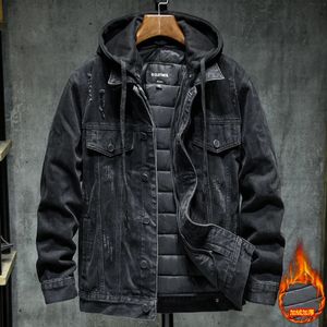 Erkekler Siyah/Mavi Kış Jean Ceketleri Dış giyim Sıcak Denim Astar Kalın Kış Yün Büyük Boy M-4XL240226