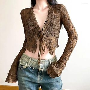 Womens T Shirts Vintage Lace Texture Jacquard Up V-Neck Small Cardigan Women Tops Summer Versatile Spicy Girl Slim Fit Cover Short Top