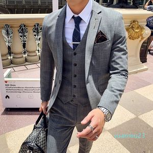 Abiti 2024 moda uomo nuovo per il tempo libero boutique business tinta unita abito da sposa sottile / plaid a righe 3 pezzi blazer giacca pantaloni gilet