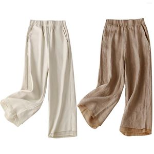 Kvinnors byxor plus storlek bomullslinnebyxor för kvinnor fast färg baggy brett ben tiered casual pantalones rak palazzo