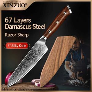 Facas de cozinha Xinzuo Facas utilitárias de 5 polegadas Japonesa Damasco Aço Faca de cozinha Rosewood Handle Top vendendo faca pequena Facas de cozinha de frutas Q240226