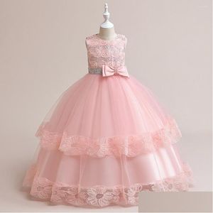 Flickans klänningar Girl Summer Pink Party Dress for Girls Luxury Wedding Ceremony Kids Ball Gown Handgjorda blommor Paljetter Tonåring 4 till DHLSN