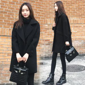 Mischungen Frauenwolle Mischungen Lange Mäntel Frauen koreanische Mode Winter schwarze Jacken weibliche Taschen Windbreaker Streetwear Chic Coat Frau