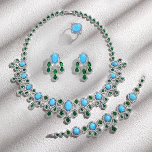 2023 4ピースCubic Zirconia Turquoise Necklace Earrings Jewelry Set Zircon Dubai Bride Wedding 240220