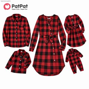 Roupas combinando para a família Pa Natal Roupas combinando para a família Camisas xadrez vermelhas e pretas de manga comprida e vestidos com cinto Conjuntos de roupas combinando para a família