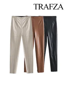 Women's Pants TRAFZA 2024 Women Solid PU Faux Leather Stylish Stretch Streetwear High Waist Ladies Pencil Trousers Full Length Bottoms