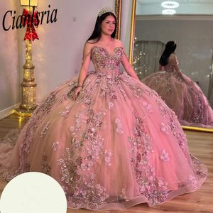 Princesa lantejoulas apliques rendas quinceanera vestidos de baile fora do ombro miçangas doce 15 vestidos de xv anos