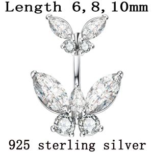 Chains Body jewelry Butterfly real 925 sterling silver Belly button ring pin length 6mm 8mm 10mm Piercing fine jewelry free shipping