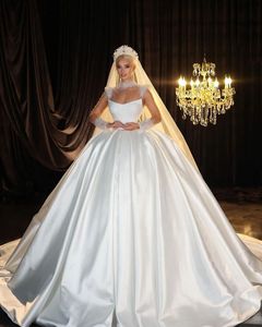 Luxury Beaded Wedding Dresses High Neck Long Sleeve Satin Wedding Gown Bespoke Ball Gown Vestido de Novia