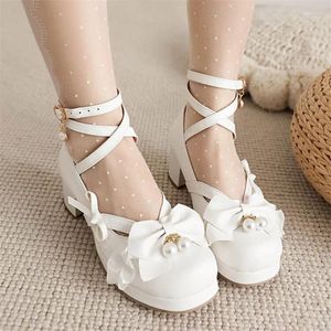 Dress Shoes PXELENA 2024 Elegant Lolita Bride Women Wedding White Pink Purple Cross Tied Pearls Bow Tie Ruffles Pumps Large Size 34-45